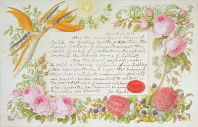 A surround of mixed flowers with an inscribed message by Joseph Banks, 1814 by Francis Bauer